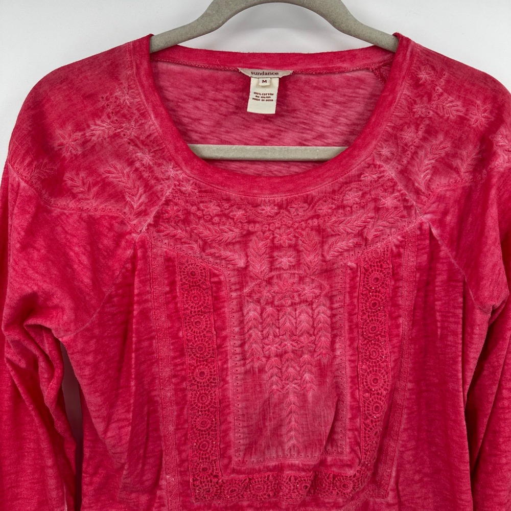 Sundance Pink Embroidered Lace Trim Cotton Slub Long Sleeve Top Medium Peasant - Picture 2 of 7